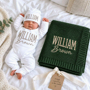 Custom Baby Blanket with Name, Personalized Newborn Outfit and Hat, Embroidered Baby Gift, Coming Home Set