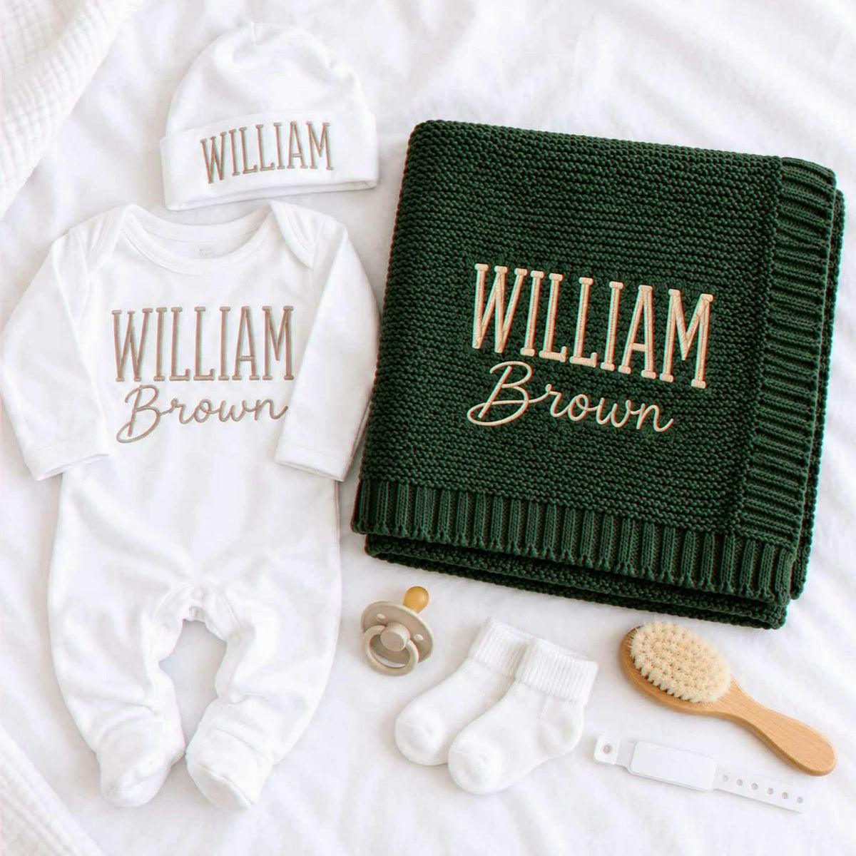 Custom Baby Blanket with Name, Personalized Newborn Outfit and Hat, Embroidered Baby Gift, Coming Home Set