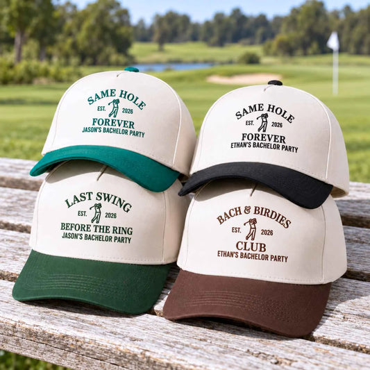 Custom golf hats for bachelor party embroidered with Same Hole Forever, Bach & Birdies, and Last Swing Before The Ring themes.