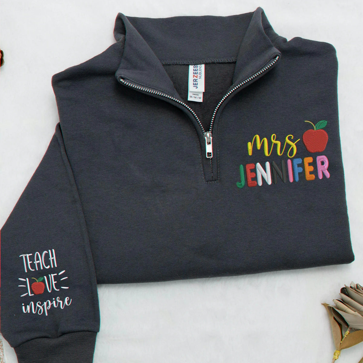 Personalized Back to School Teacher Quarter Zip - Embroidered Rainbow Name with Teach Love Inspire Sleeve, Appreciation Gift