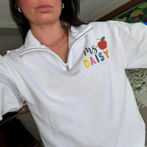 Personalized Back to School Teacher Quarter Zip - Embroidered Rainbow Name with Teach Love Inspire Sleeve, Appreciation Gift