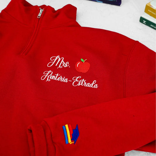 Personalized New Teacher Quarter Zip - Embroidered Apple Name 1/4 Zip Sweatshirt - First Time Teacher Gift for Her