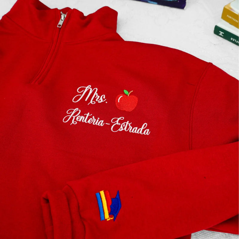 Personalized Back to School Teacher Quarter Zip for Wife - Embroidered Apple Name 1/4 Zip Sweatshirt, Teacher Appreciation Gift