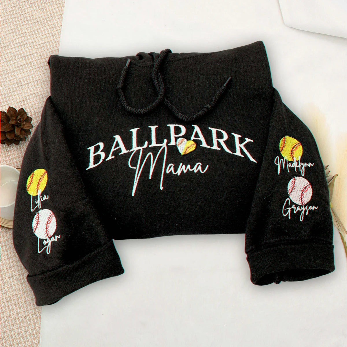 Embroidered Ballpark Mama Sweatshirt - Personalized Sleeve Names, Baseball Mom Gift