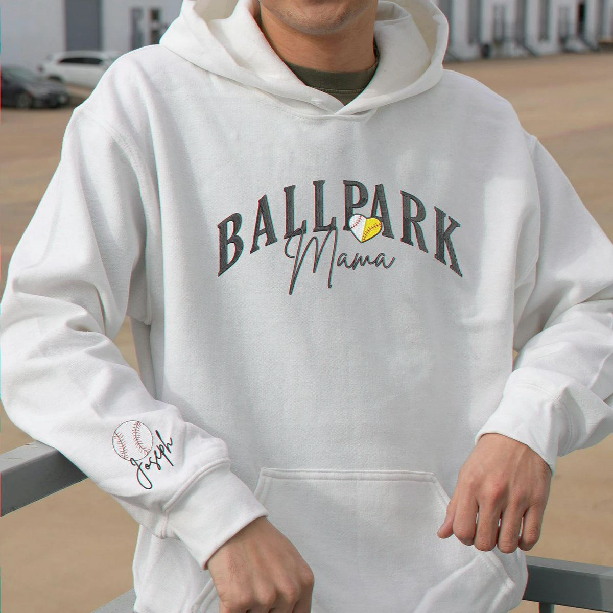 Embroidered Ballpark Mama Sweatshirt - Personalized Sleeve Names, Baseball Mom Gift