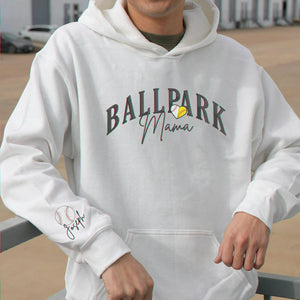 Embroidered Ballpark Mama Sweatshirt - Personalized Sleeve Names, Baseball Mom Gift