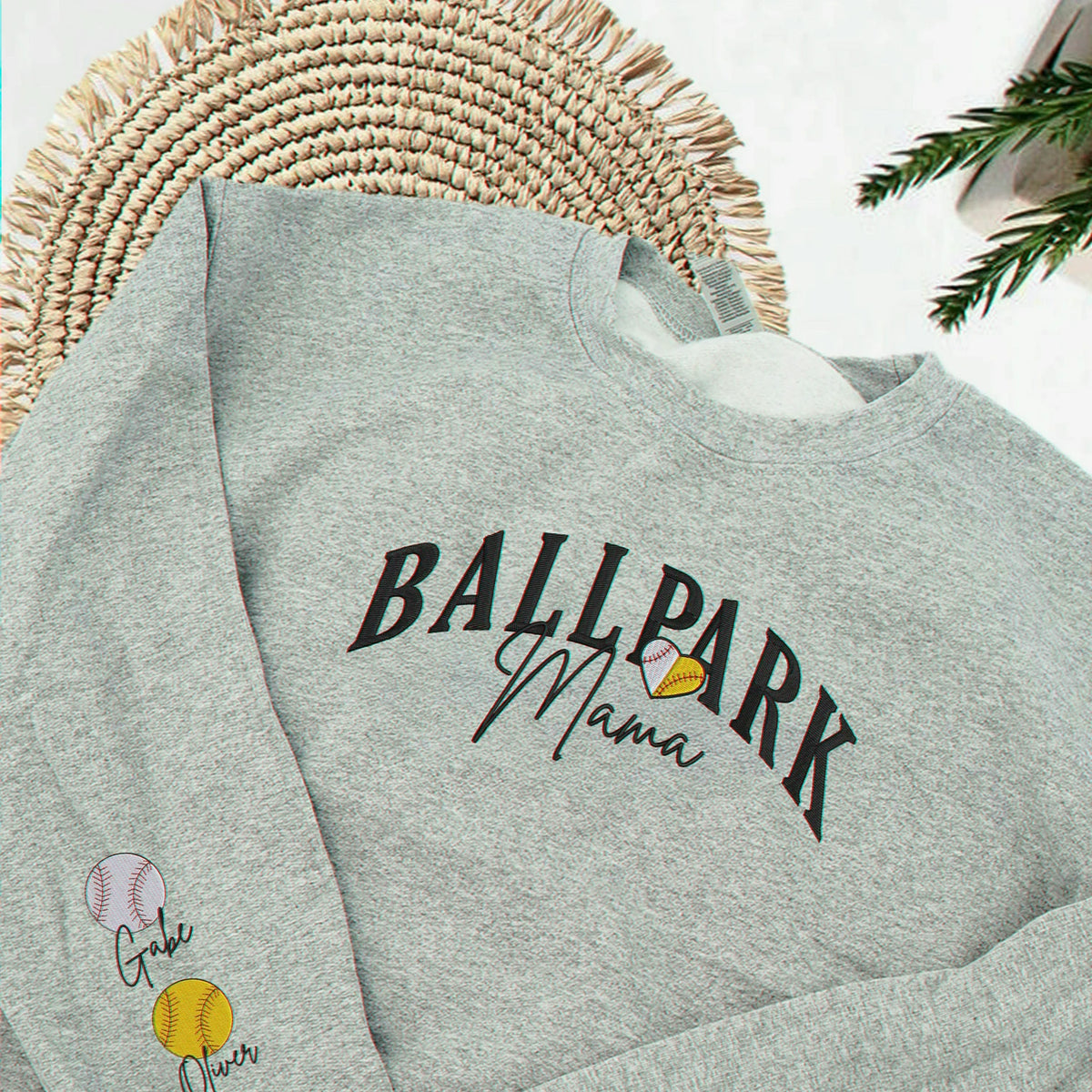 Embroidered Ballpark Mama Sweatshirt - Personalized Sleeve Names, Baseball Mom Gift