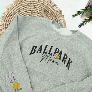 Embroidered Ballpark Mama Sweatshirt - Personalized Sleeve Names, Baseball Mom Gift