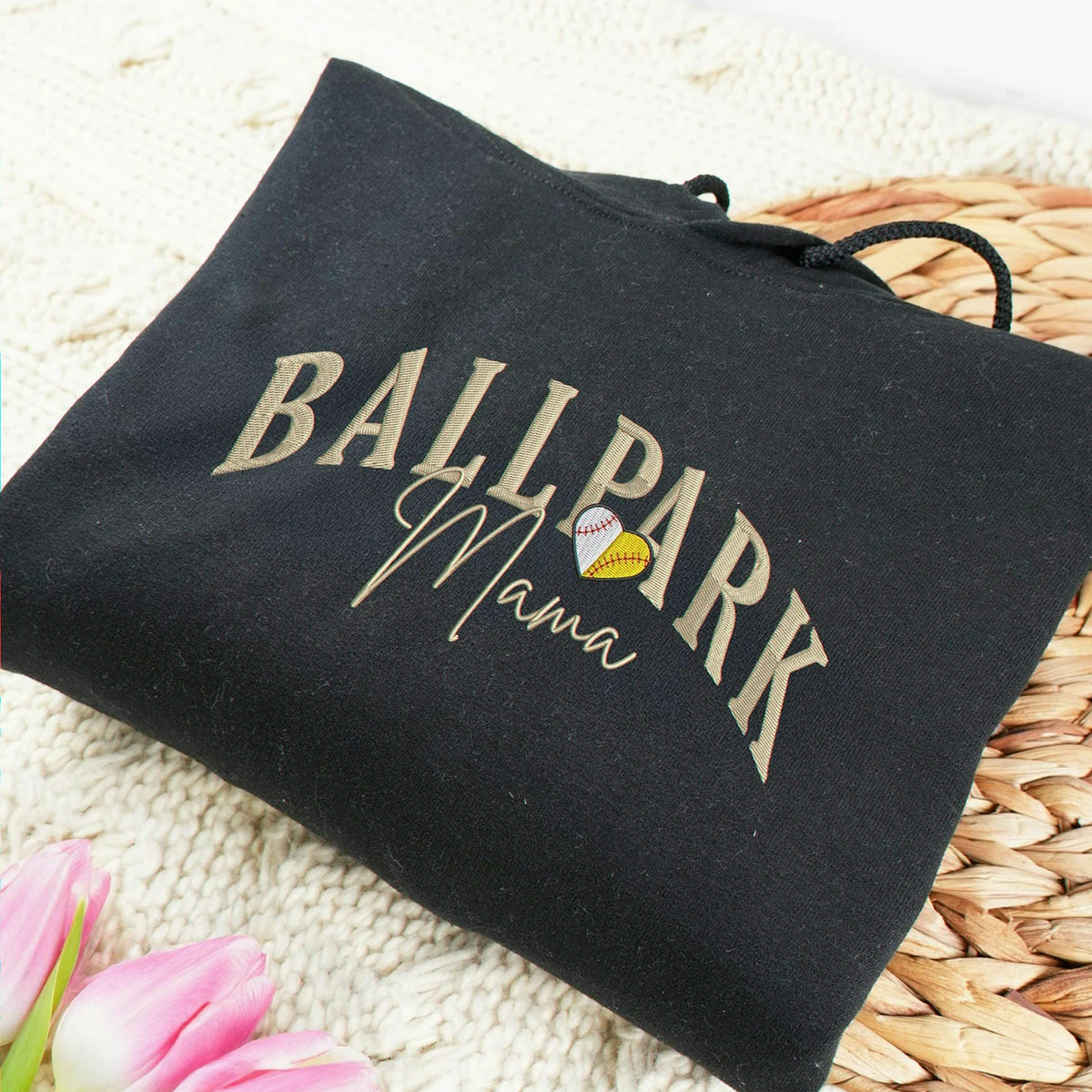 Embroidered Ballpark Mama Sweatshirt - Personalized Sleeve Names, Baseball Mom Gift