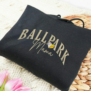 Embroidered Ballpark Mama Sweatshirt - Personalized Sleeve Names, Baseball Mom Gift