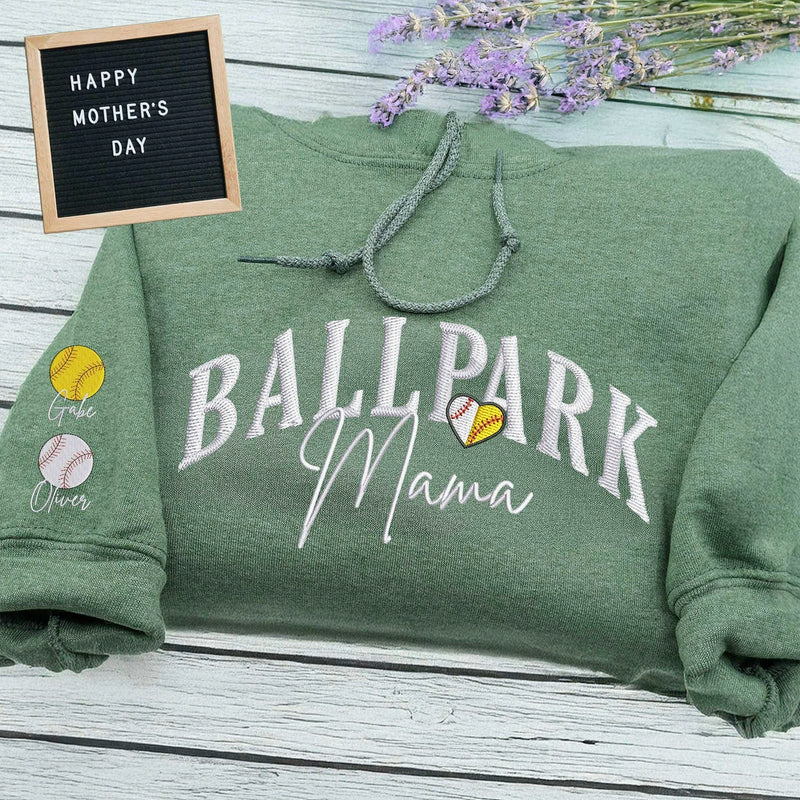 Embroidered Ballpark Mama Sweatshirt - Personalized Sleeve Names, Baseball Mom Gift