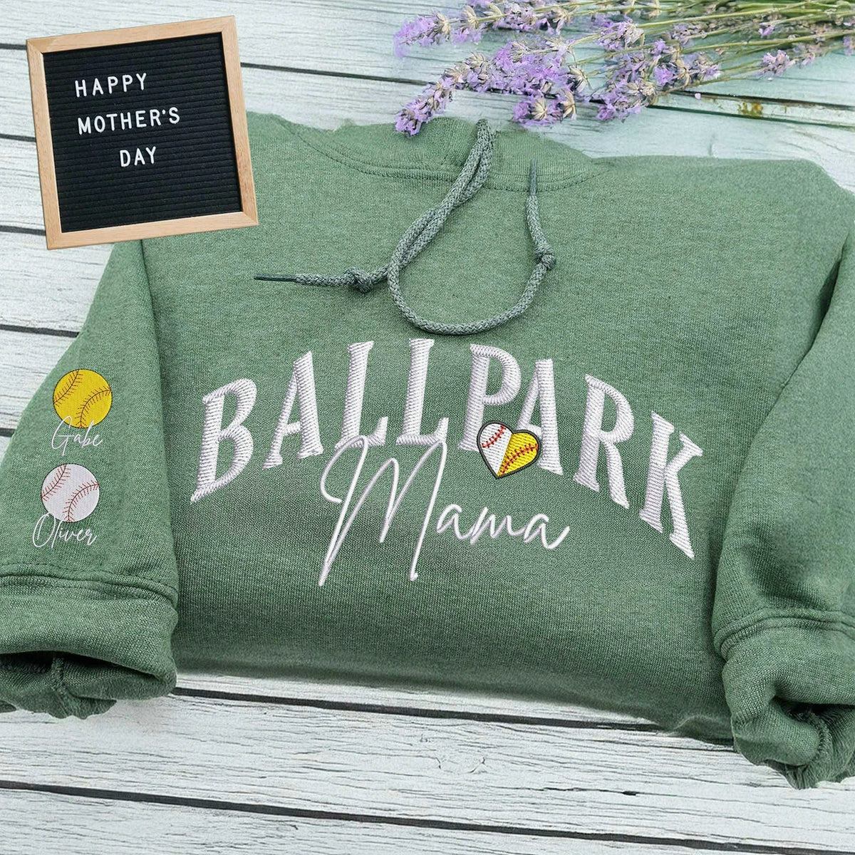 Embroidered Ballpark Mama Sweatshirt - Personalized Sleeve Names, Baseball Mom Gift