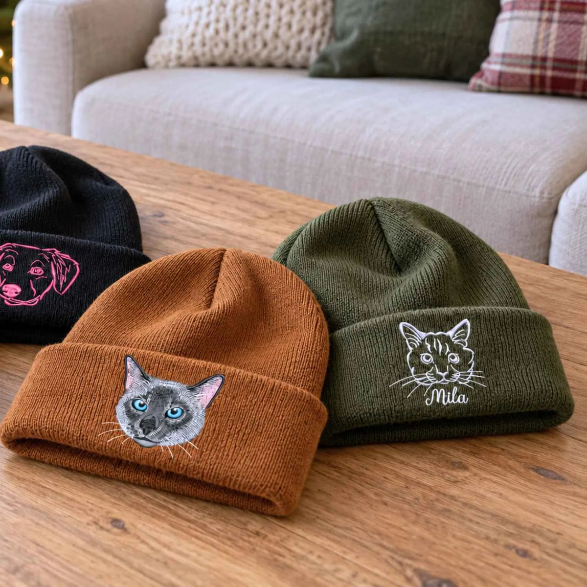 Custom Cat Portrait Beanie, Embroidered Cat Face Photo Knitted Hat, Christmas Gifts for Pet Lovers or Cat Mom