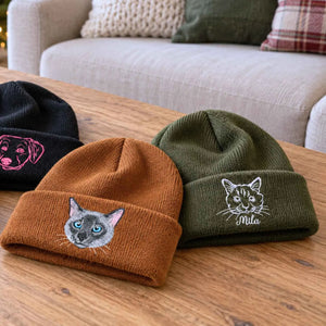 Custom Cat Portrait Beanie, Embroidered Cat Face Photo Knitted Hat, Christmas Gifts for Pet Lovers or Cat Mom