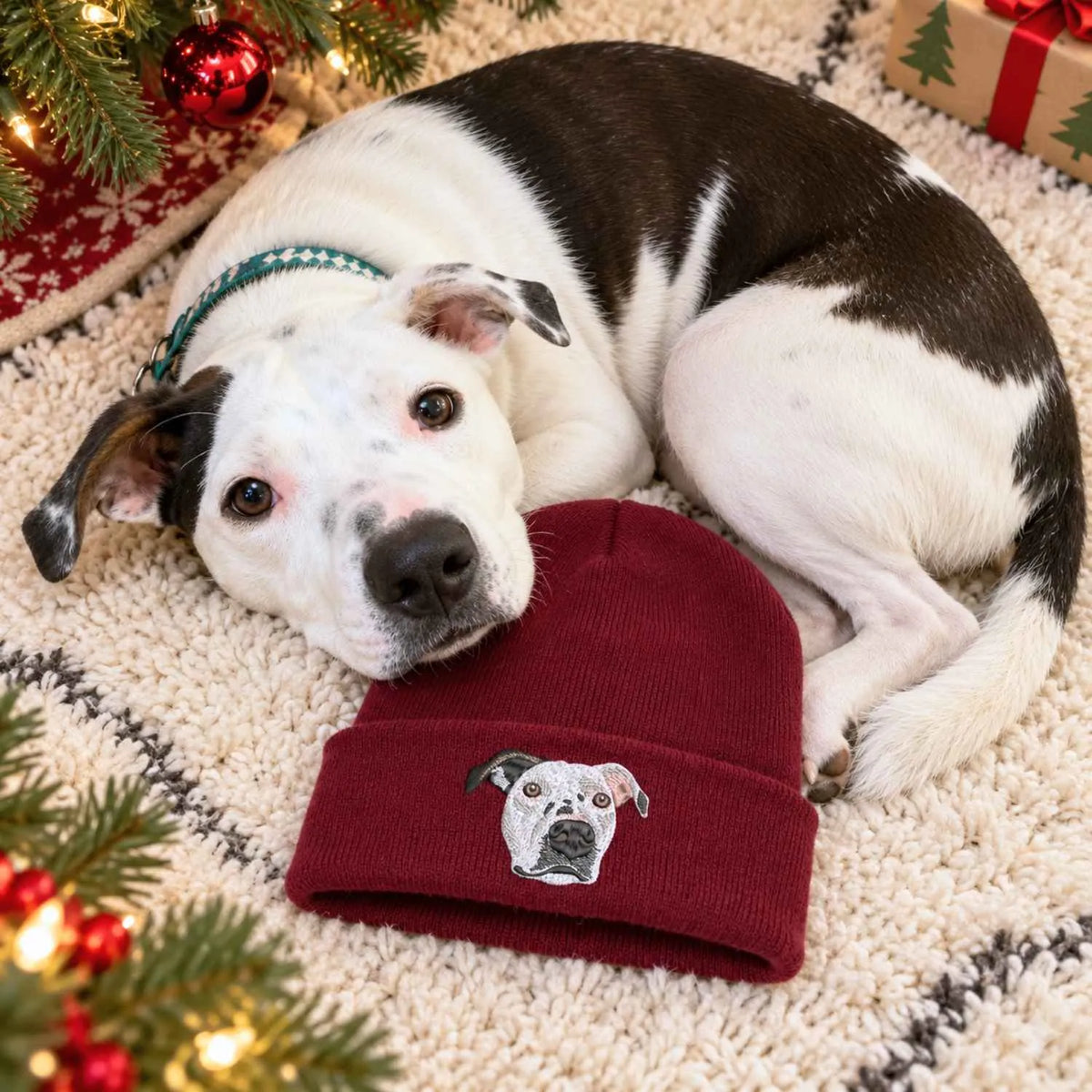 Custom embroidered pet beanie holiday gift, maroon beanie perfect for holiday