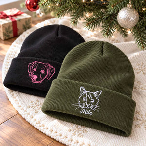 Custom Cat Portrait Beanie, Embroidered Cat Face Photo Knitted Hat, Christmas Gifts for Pet Lovers or Cat Mom