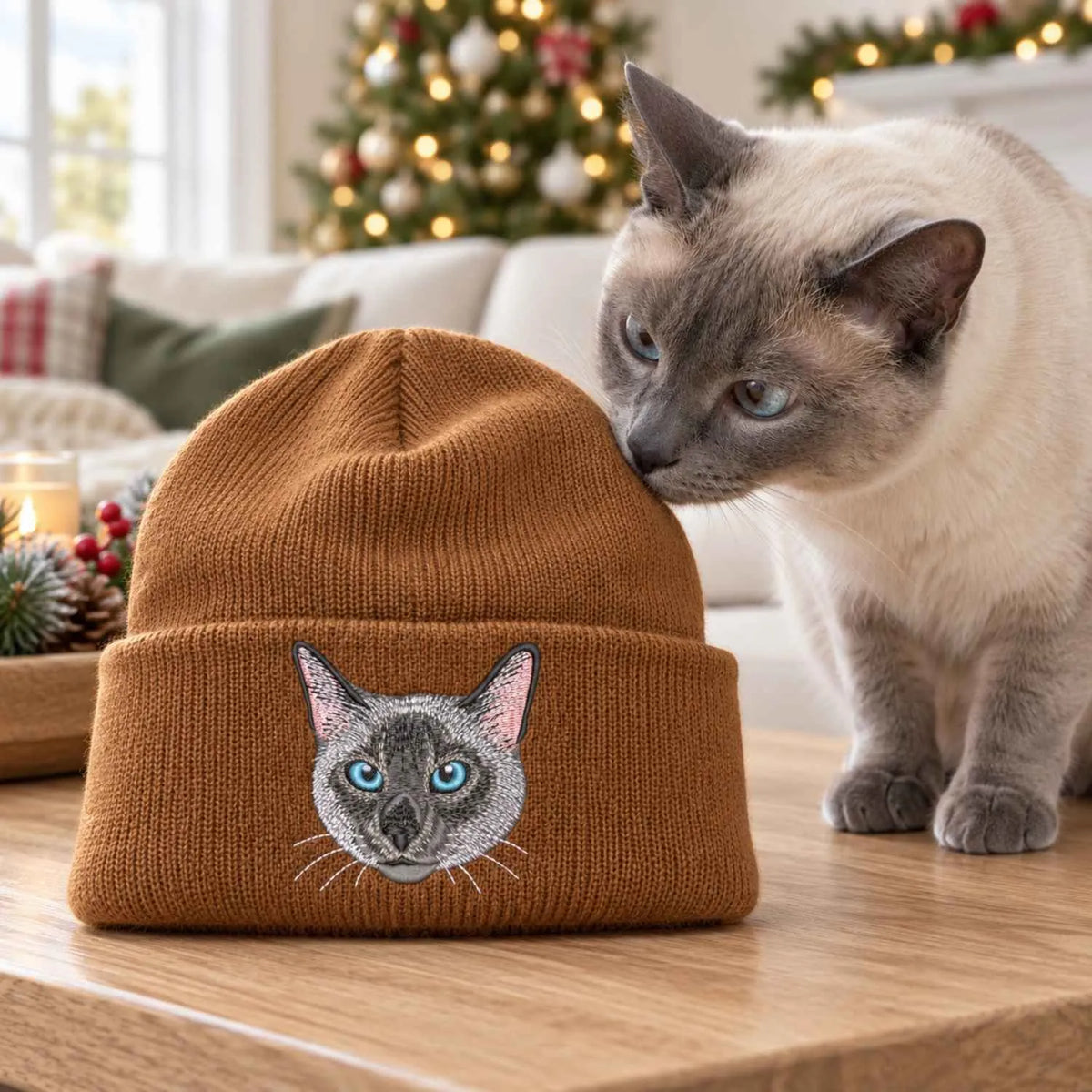 Custom Cat Portrait Beanie, Embroidered Cat Face Photo Knitted Hat, Christmas Gifts for Pet Lovers or Cat Mom