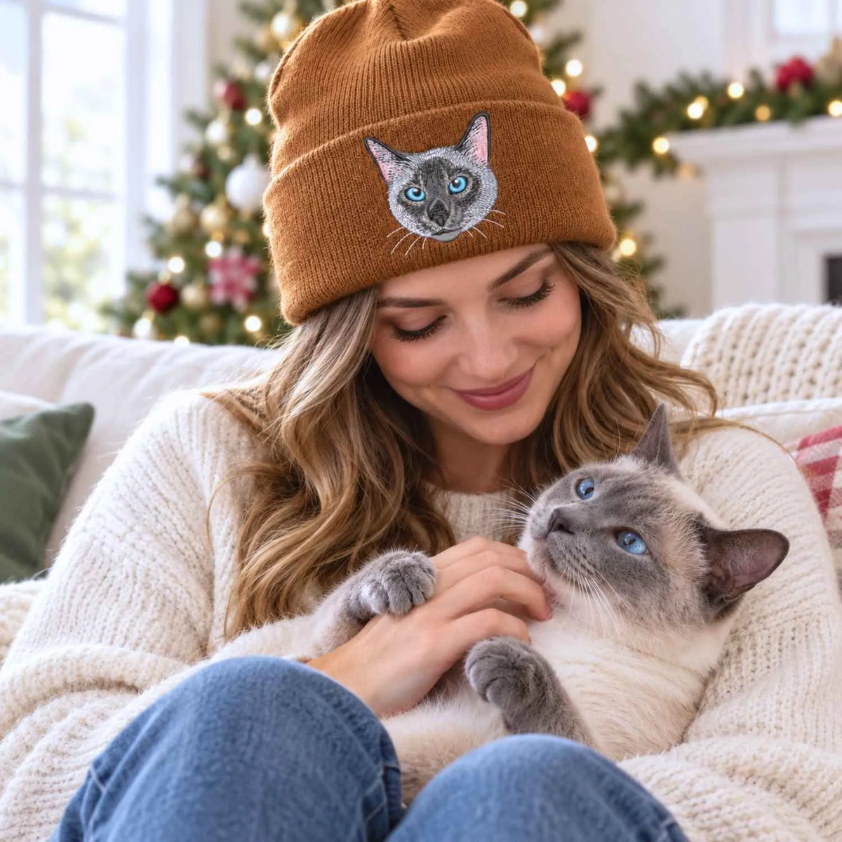 Custom Cat Portrait Beanie, Embroidered Cat Face Photo Knitted Hat, Christmas Gifts for Pet Lovers or Cat Mom