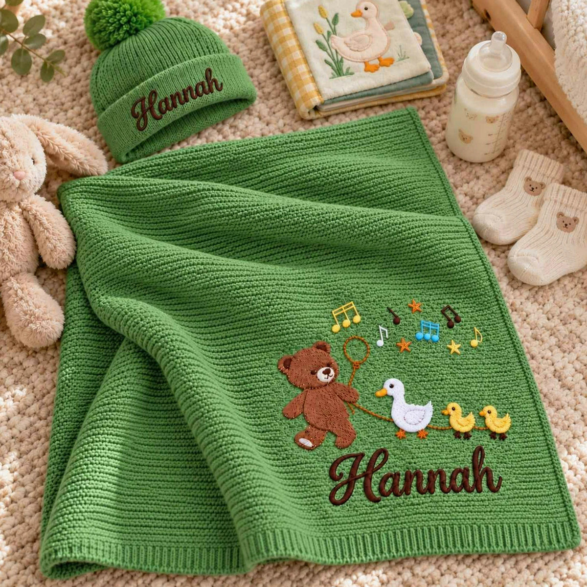 Custom Teddy Bear Baby Blanket, Embroidered Duck Baby Gift, Baby Shower Gifts For Girls
