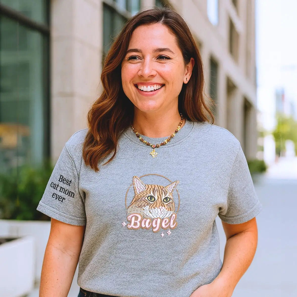 Custom embroidered cat portrait shirt with Best Cat Mom Ever text – personalized gift for cat lovers