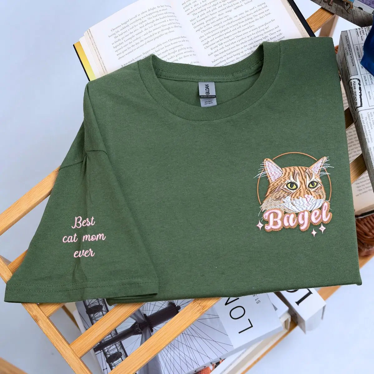 Custom embroidered cat portrait shirt with Best Cat Mom Ever text – personalized gift for cat lovers