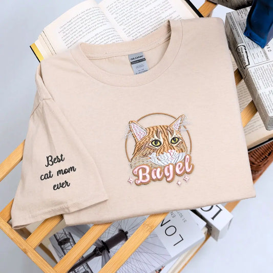 Custom embroidered cat portrait shirt with Best Cat Mom Ever text – personalized gift for cat lovers
