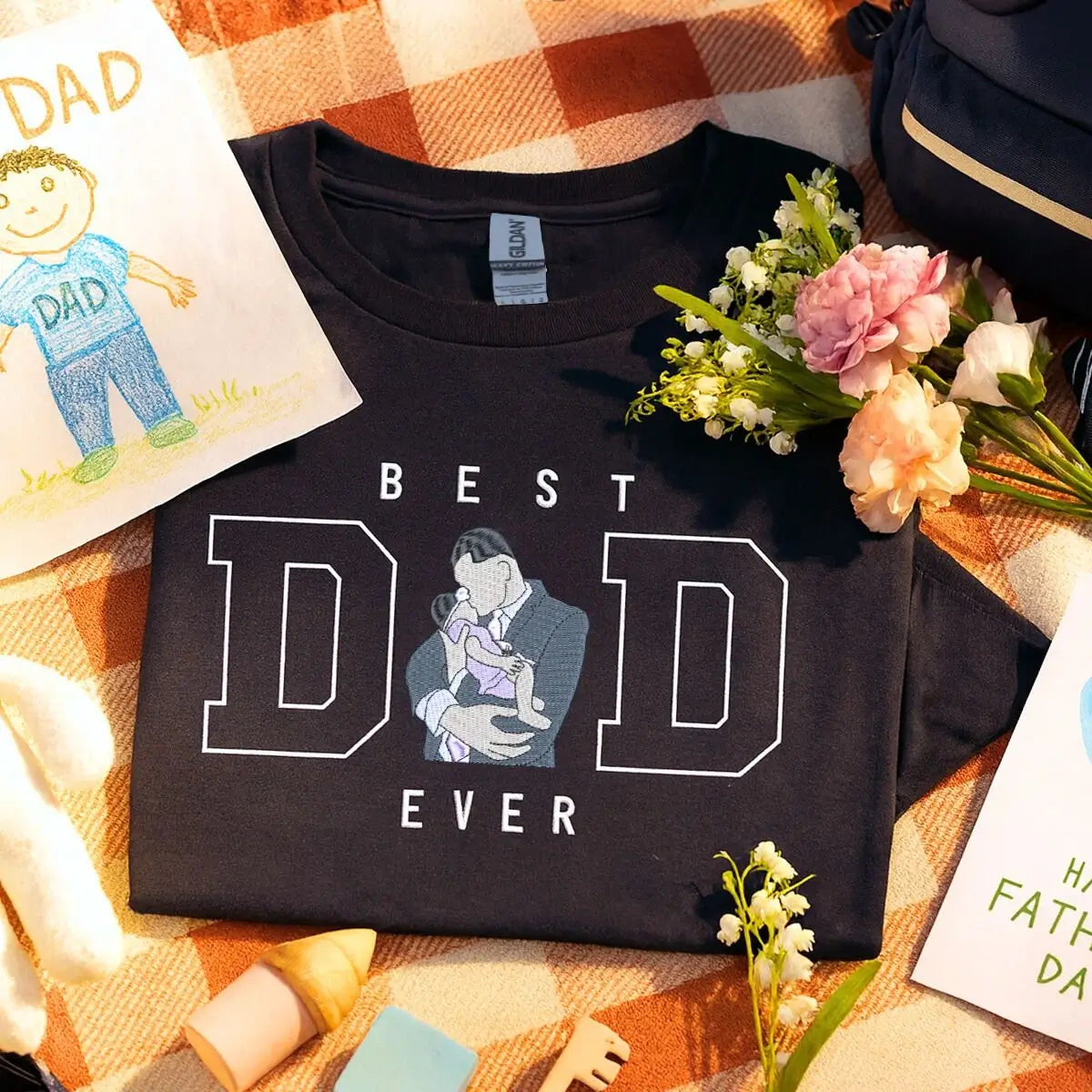 Custom embroidered dad shirt featuring and and kid's photo portrait and kid name on sleeve