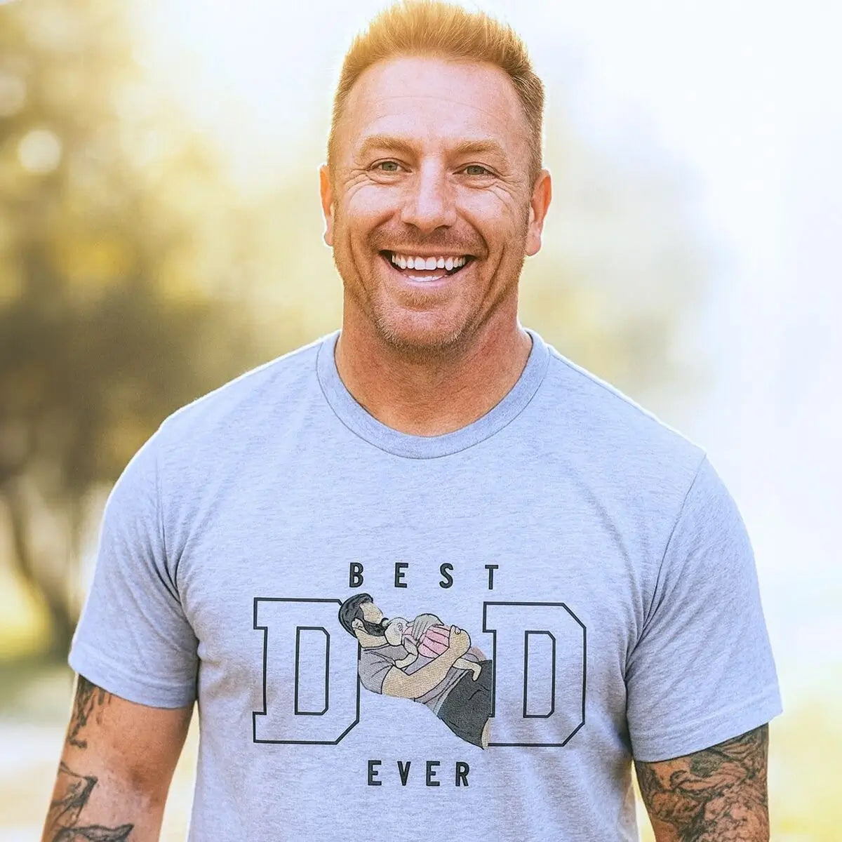 Custom embroidered dad shirt featuring and and kid's photo portrait and kid name on sleeve