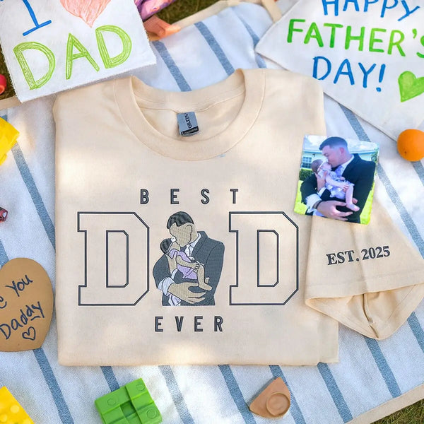 Custom Best Dad Ever Shirt with Portrait and Kid Name on Sleeve, Embro