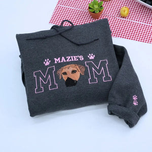 custom embroidered “Best Dog Mom Ever” hoodie with dog portrait for dog mom