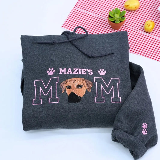 custom embroidered “Best Dog Mom Ever” hoodie with dog portrait for dog mom