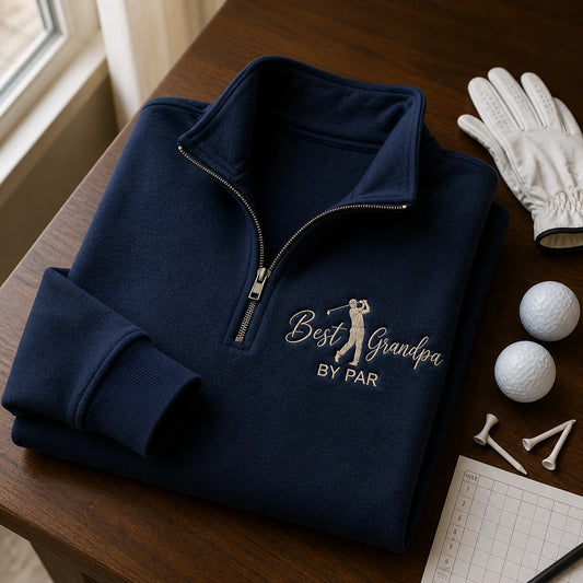 Embroidered Best Grandpa By Par Quarter Zip Sweatshirt - Golf Pops Sweater Kids Name - Grandparents Day Gift