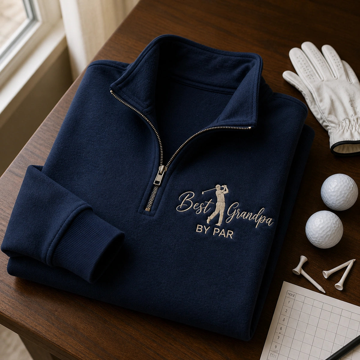 Embroidered Best Grandpa By Par Quarter Zip Sweatshirt - Golf Pops Sweater Kids Name - Grandparents Day Gift