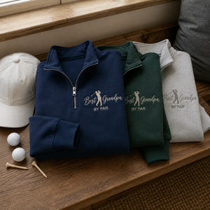 Embroidered Best Grandpa By Par Quarter Zip Sweatshirt - Golf Pops Sweater Kids Name - Grandparents Day Gift