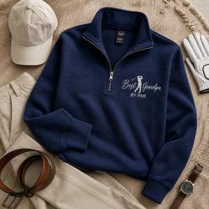 Embroidered Best Grandpa By Par Quarter Zip Sweatshirt - Golf Pops Sweater Kids Name - Grandparents Day Gift