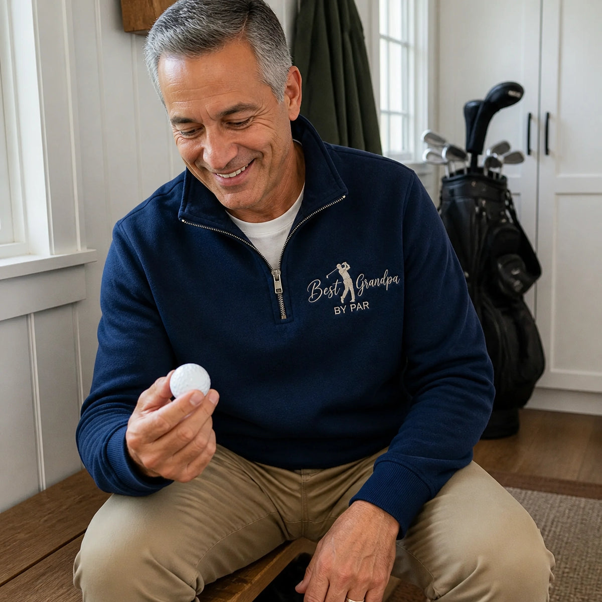 Embroidered Best Grandpa By Par Quarter Zip Sweatshirt - Golf Pops Sweater Kids Name - Grandparents Day Gift