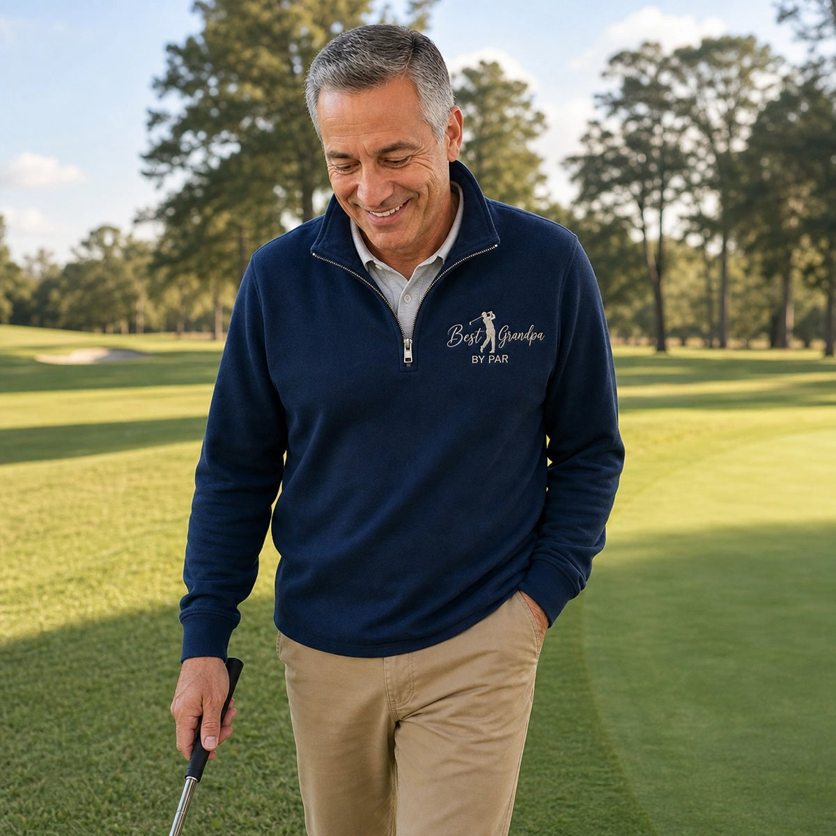 Embroidered Best Grandpa By Par Quarter Zip Sweatshirt - Golf Pops Sweater Kids Name - Grandparents Day Gift