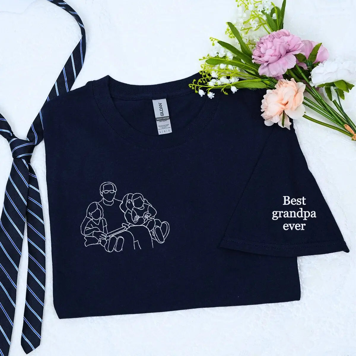 Custom embroidered grandpa shirt with photo and sleeve text, perfect personalized gift for Father’s Day or birthday