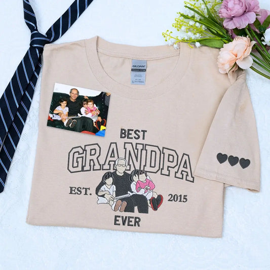 Custom embroidered grandpa shirt with photo and sleeve text, perfect personalized gift for Father’s Day or birthday