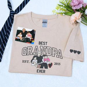 Custom embroidered grandpa shirt with photo and sleeve text, perfect personalized gift for Father’s Day or birthday