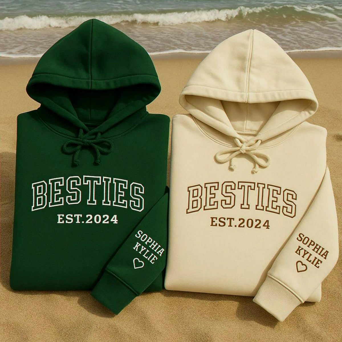 A sweet matching sweatshirt or hoodie for best friends, embroidered with Besties, names, and a shared est. year