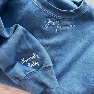 Mama Sweatshirt Embroidered, Custom Mama Crewneck With Kids Names, Heart On Sleeve