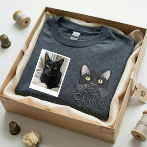 Custom Black Cat Portrait Shirt for Women, Personalized Embroidered Pet Photo Tee & Name, Cat Mom Gift