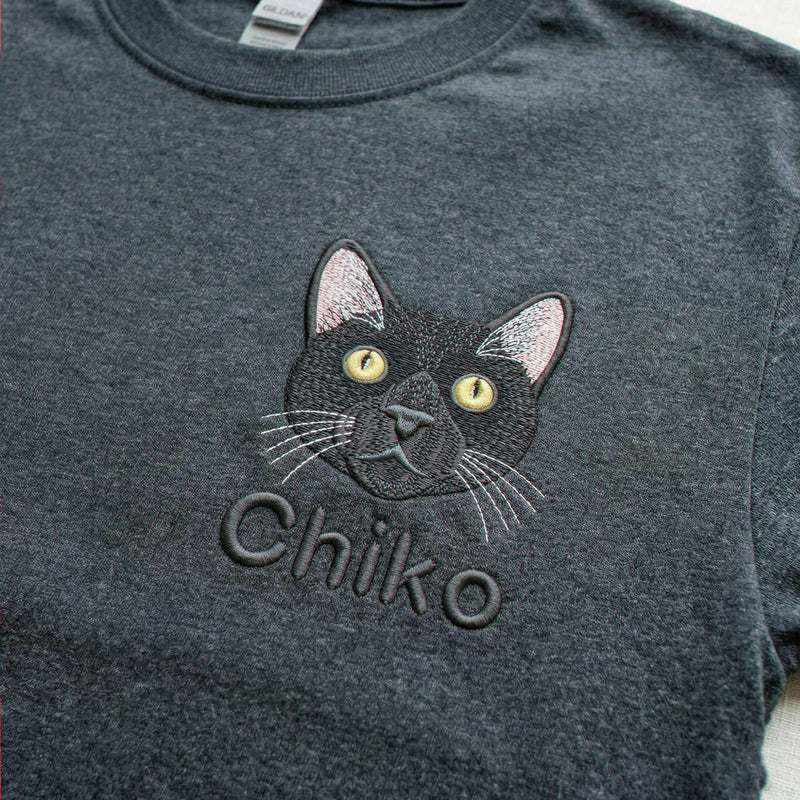 Custom Black Cat Portrait Shirt for Women, Personalized Embroidered Pet Photo Tee & Name, Cat Mom Gift
