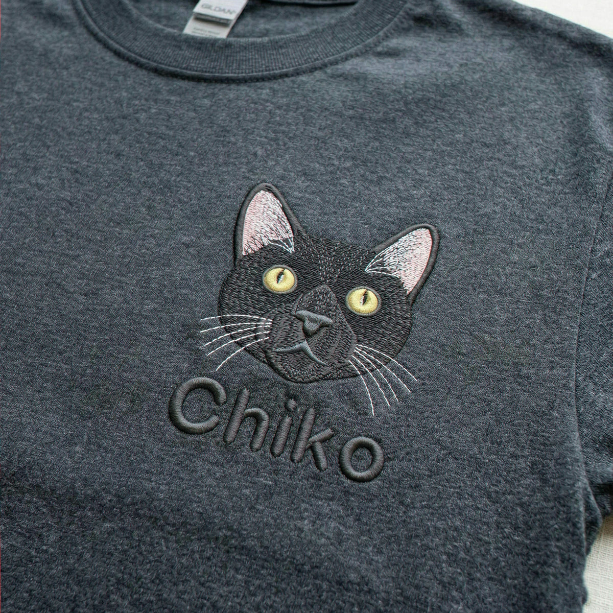 Custom Black Cat Portrait Shirt for Women, Personalized Embroidered Pet Photo Tee & Name, Cat Mom Gift