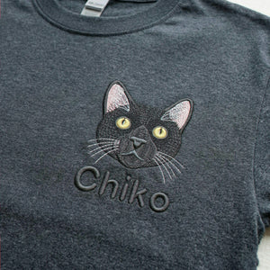 Custom Black Cat Portrait Shirt for Women, Personalized Embroidered Pet Photo Tee & Name, Cat Mom Gift