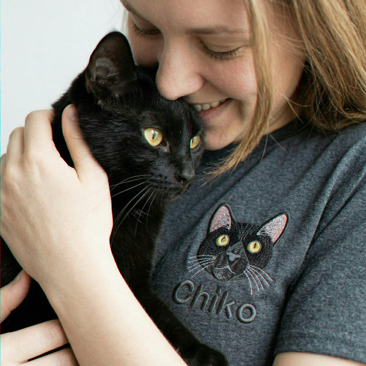Custom Black Cat Portrait Shirt for Women, Personalized Embroidered Pet Photo Tee & Name, Cat Mom Gift