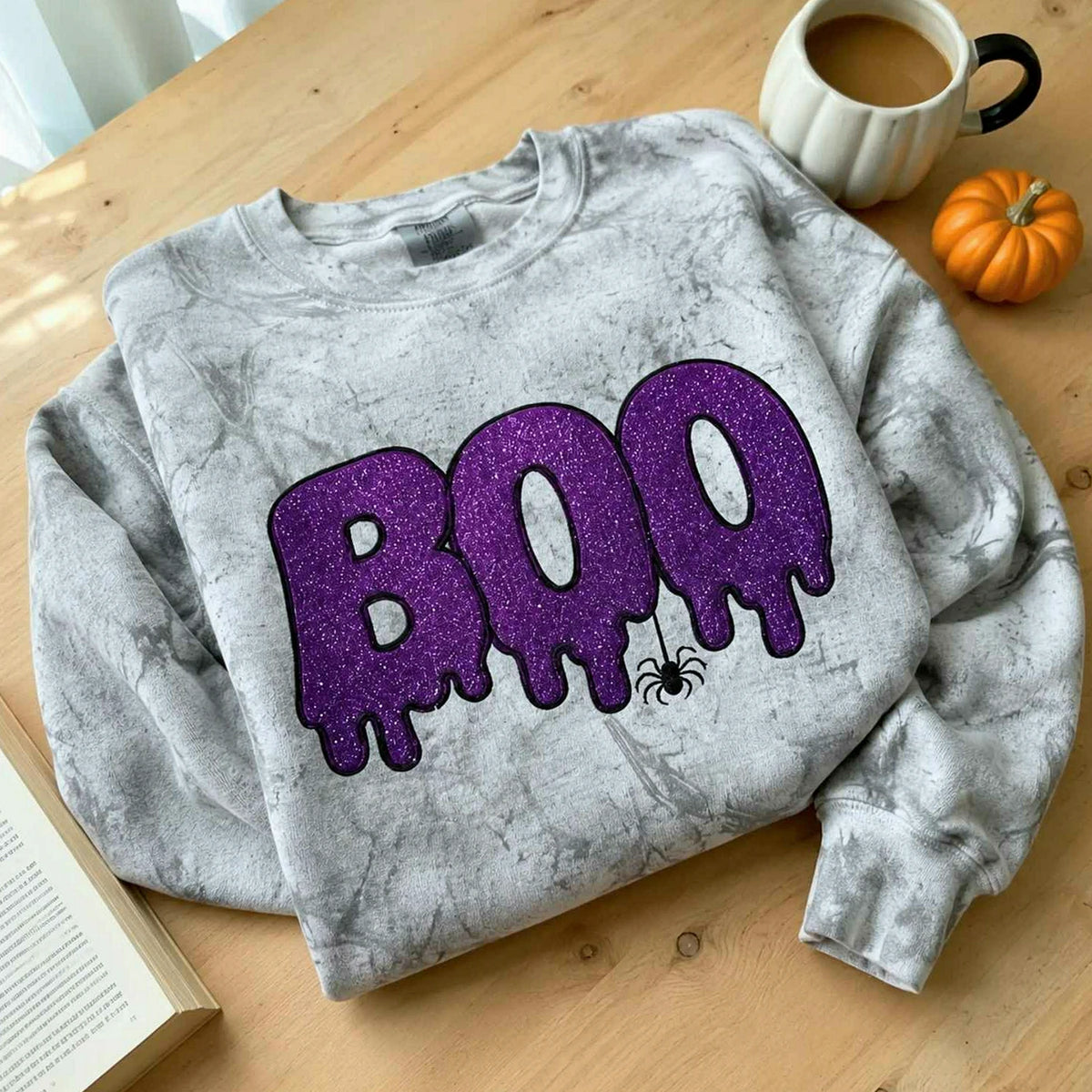 Spooky Season BOO Halloween Dripping Sweatshirt, Embroidered Glitter Crewneck, Trick Treat Party Outfit Fall