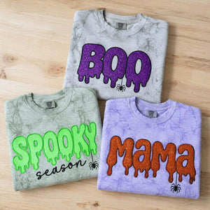 Spooky Season BOO Halloween Dripping Sweatshirt, Embroidered Glitter Crewneck, Trick Treat Party Outfit Fall