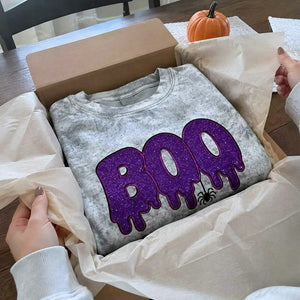 Spooky Season BOO Halloween Dripping Sweatshirt, Embroidered Glitter Crewneck, Trick Treat Party Outfit Fall